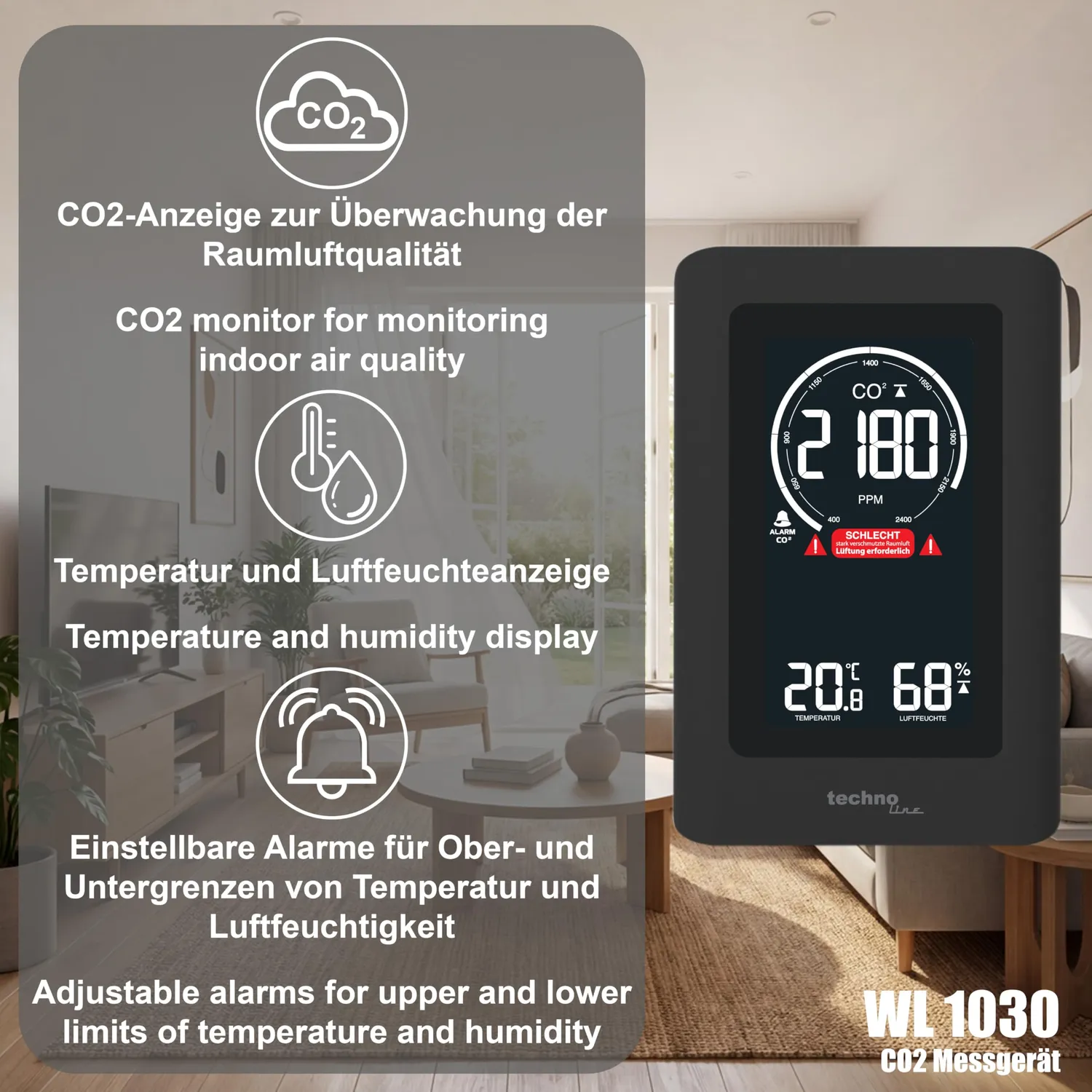 Technoline WL1030 CO2-Messgerät Schwarz NDIR-Ampel