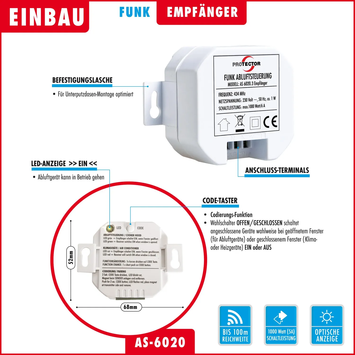 Protector AS-6020.3 Funk-Abluftsteuerung Fensterkontakt 1000W