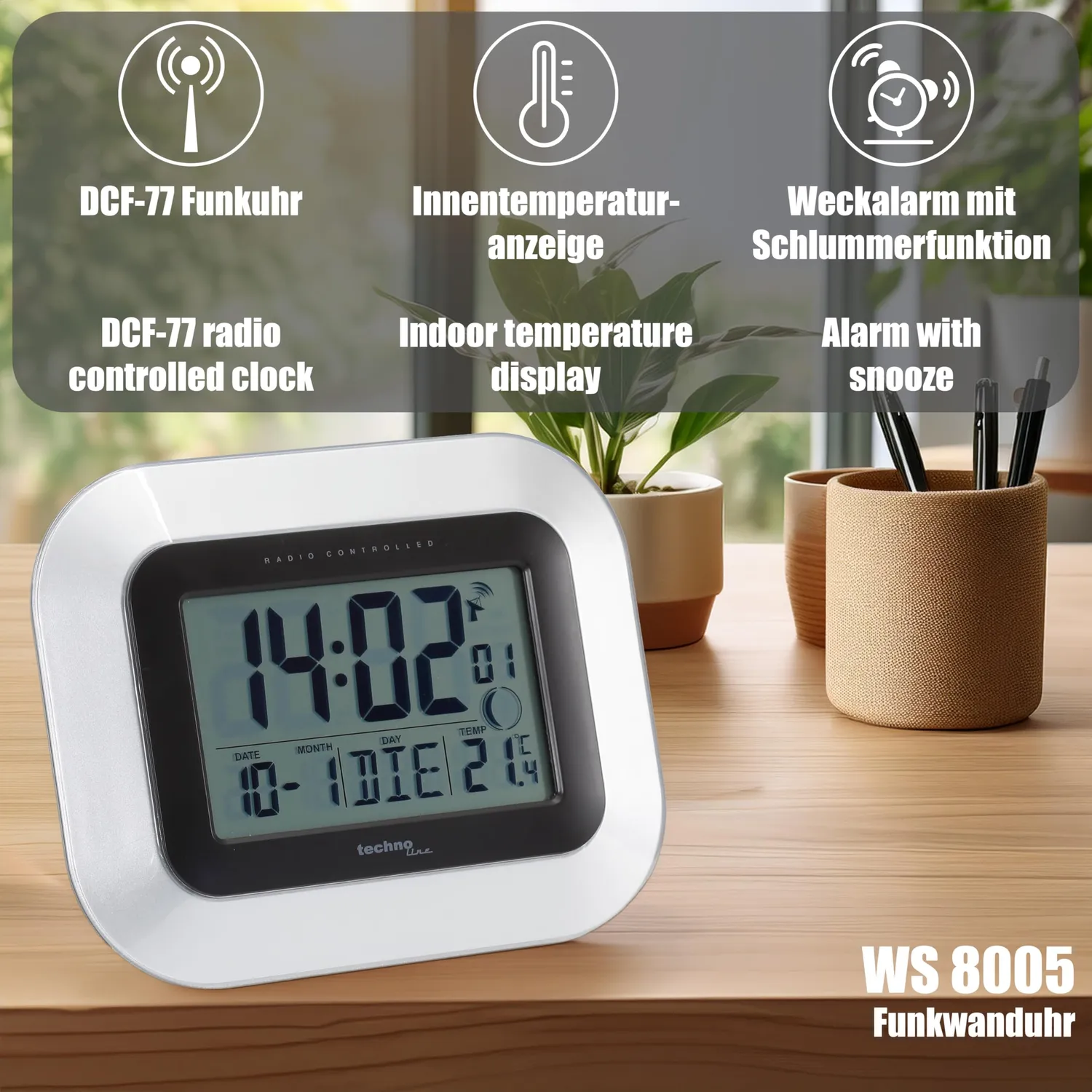 Technoline WS 8005 Funkwanduhr silber mit Innenthermometer