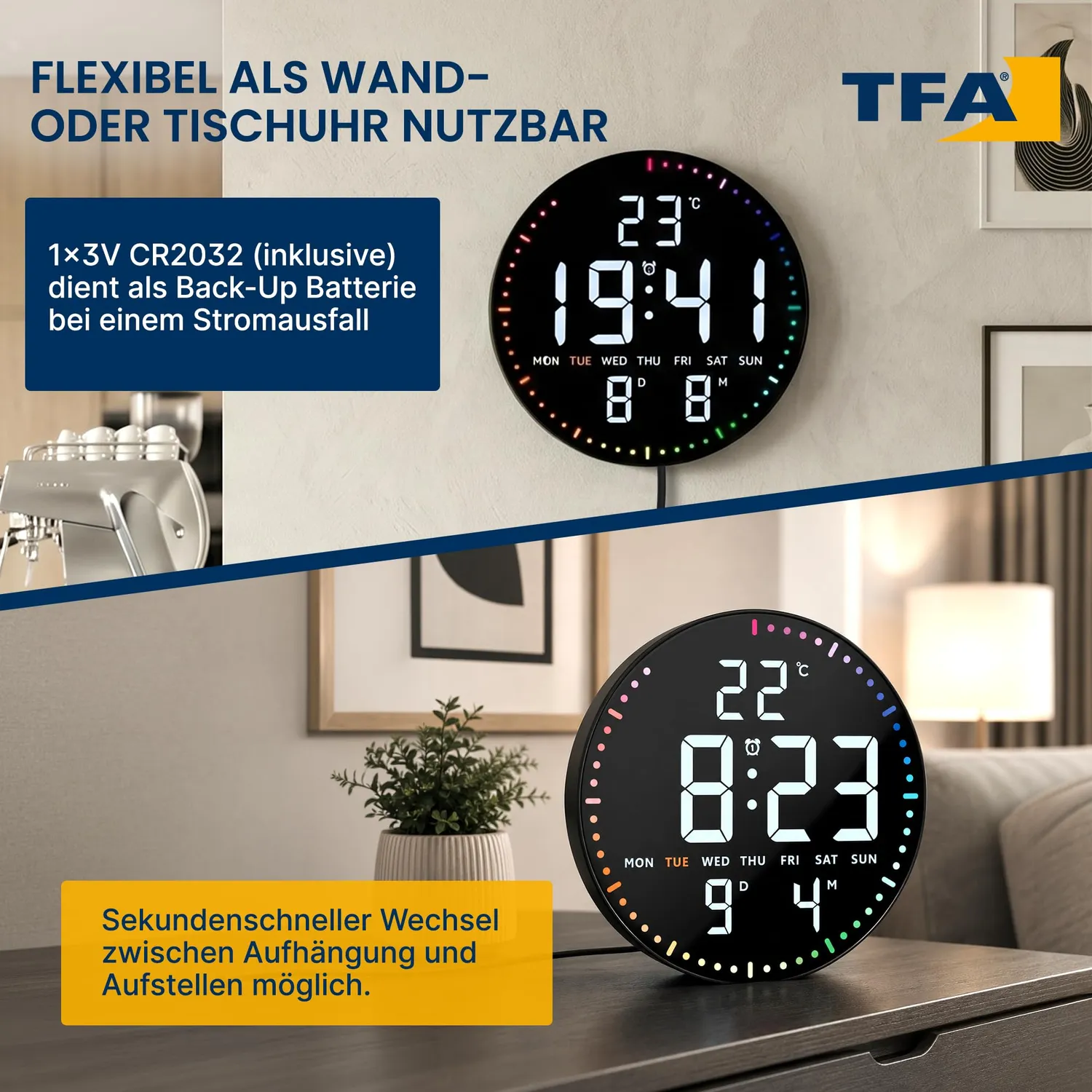 TFA Dostmann LED Wanduhr digital 25,5 cm Temperatur Datum
