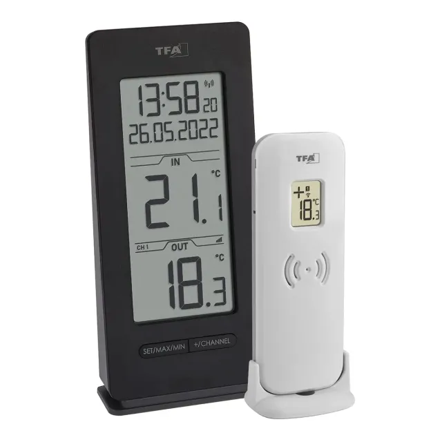 TFA Dostmann 30.3072.01.90 Funkthermometer schwarz Funkuhr