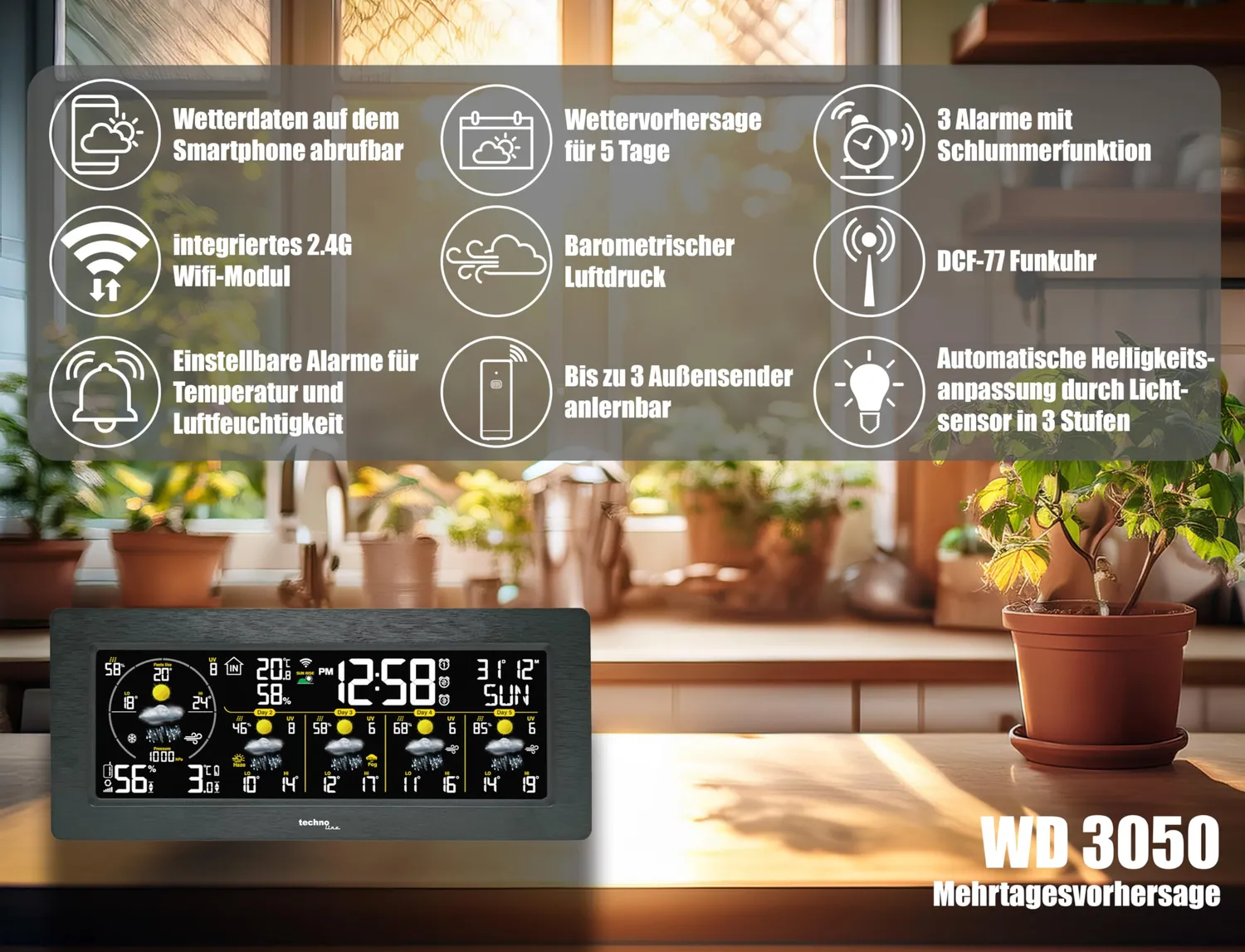 Technoline WD 3050 WLAN-Wetterstation mit Außensensor 5-Tage