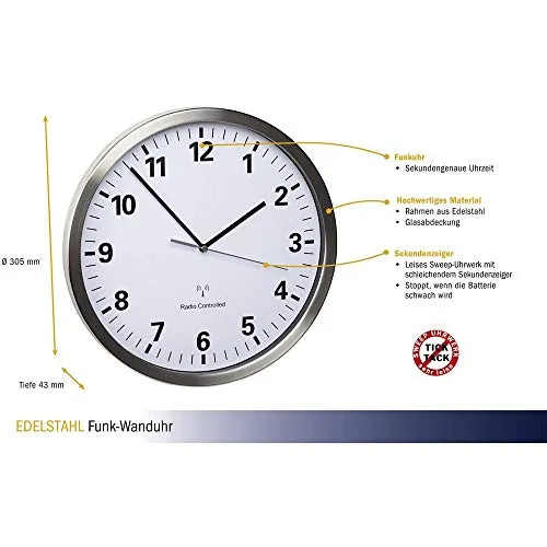 TFA Dostmann 60.3523 Funk-Wanduhr analog Edelstahl