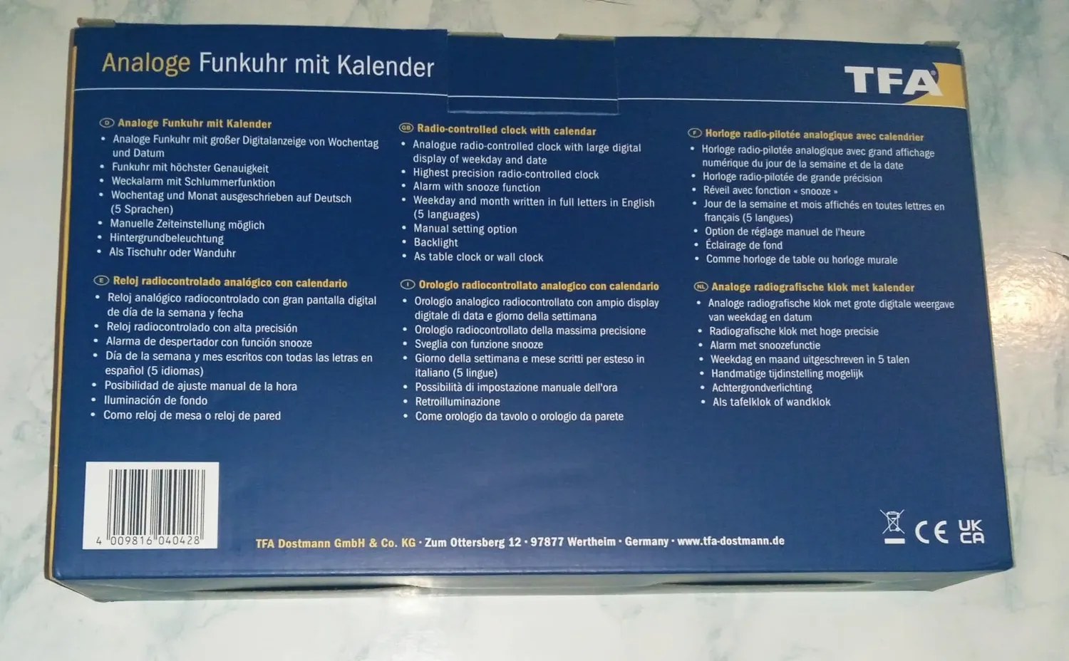 TFA Dostmann 60.3552.01 Funk-Tischuhr analog schwarz Kalender