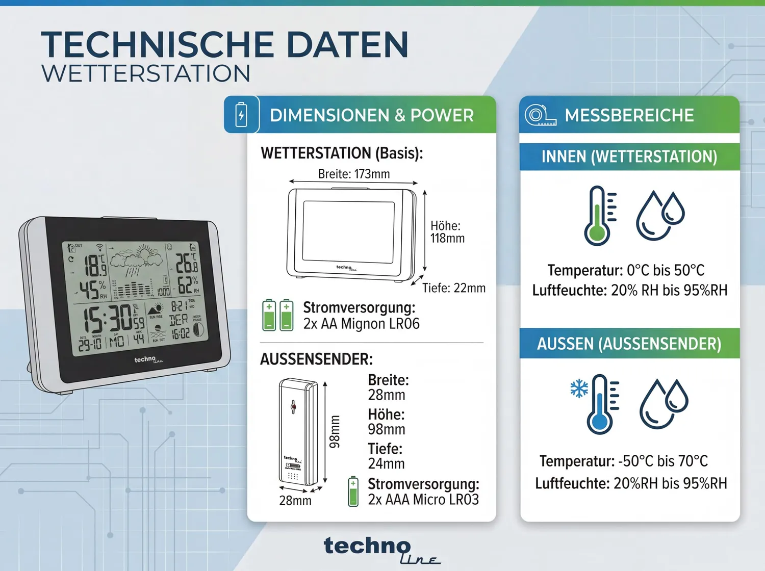Technoline WS6767 Funk-Wetterstation mit Außensensor