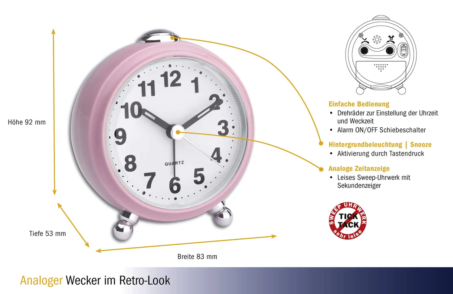 TFA Dostmann 60.1030 Retro-Wecker rosa geräuscharm