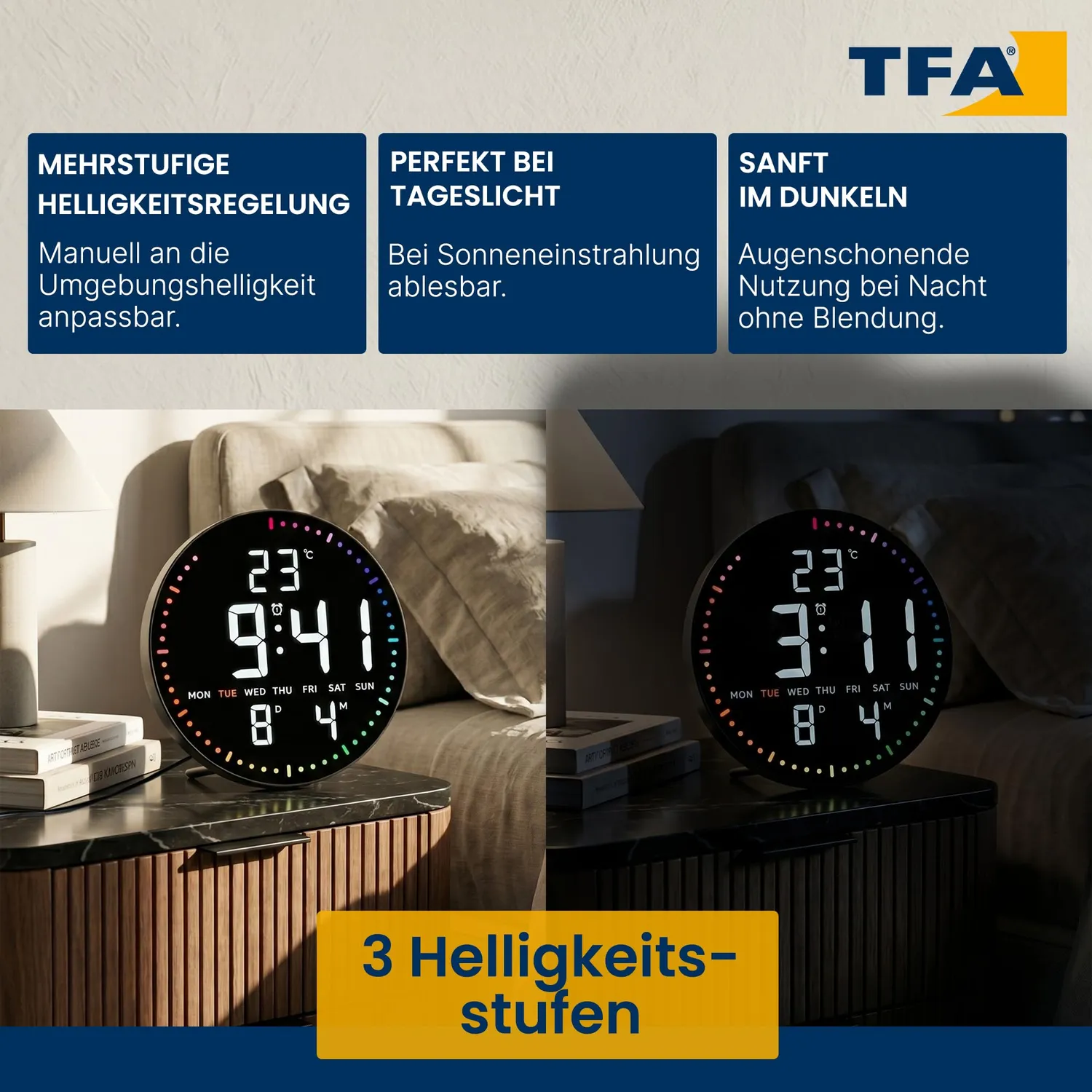 TFA Dostmann LED Wanduhr digital 25,5 cm Temperatur Datum