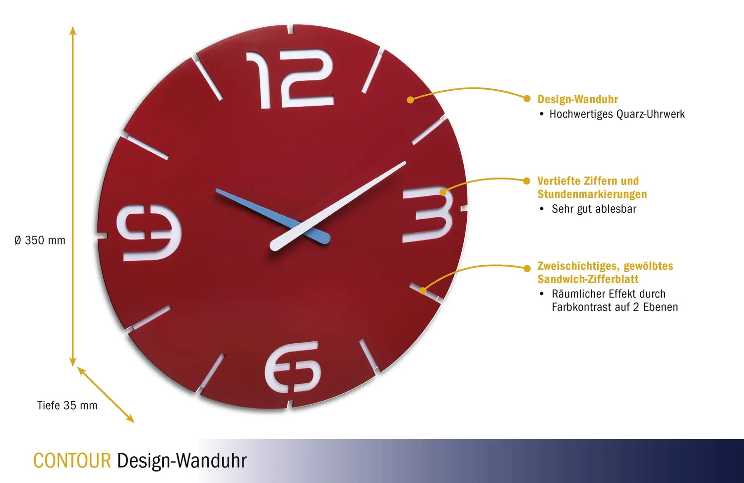 TFA Dostmann Contour 60.3047.05 Wanduhr Rot-Weiß 35cm