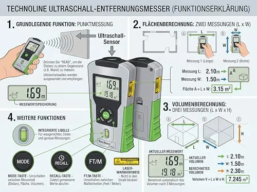 Technoline WZ1100 Ultraschall-Entfernungsmesser 16 m mit Laser