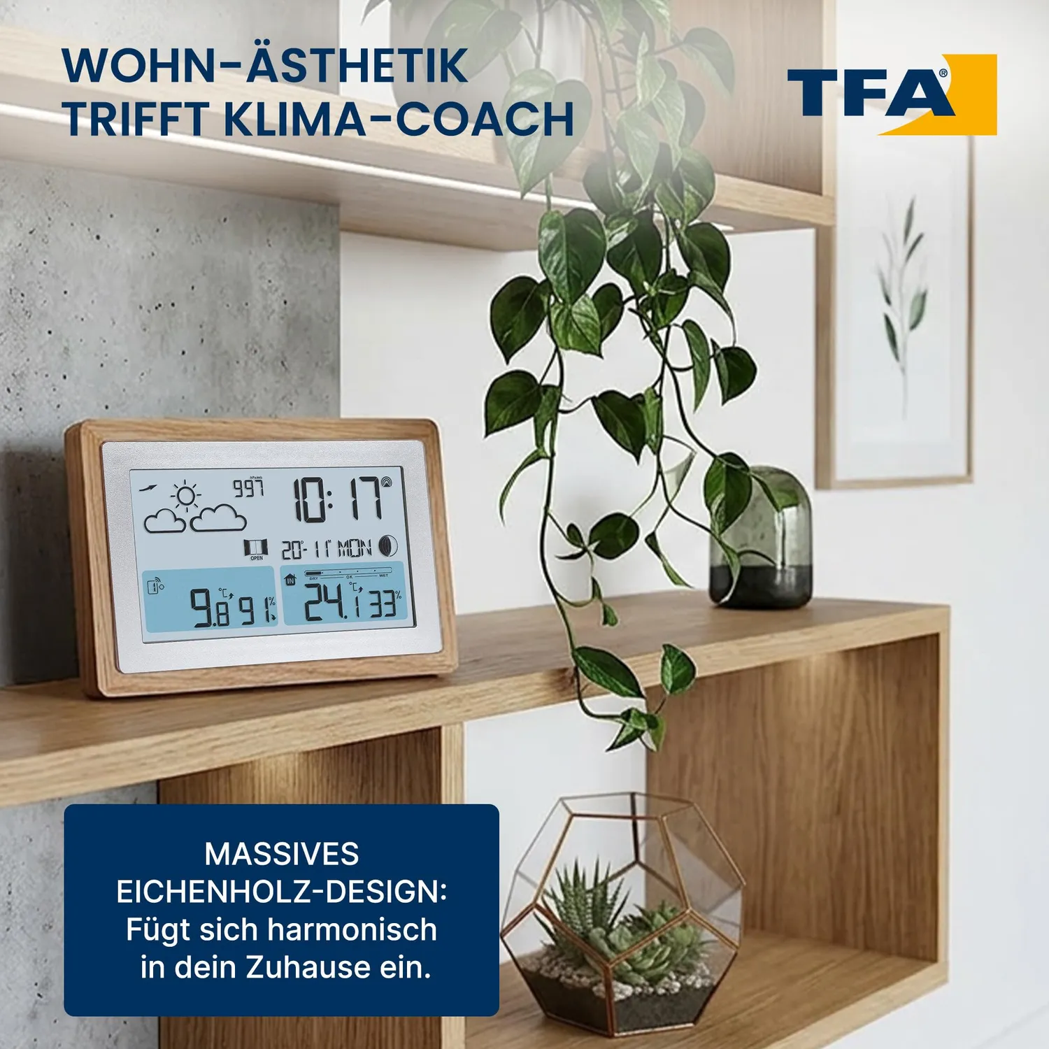TFA Dostmann OAK 35.1167.54 Funk-Wetterstation Modern Holzrahmen