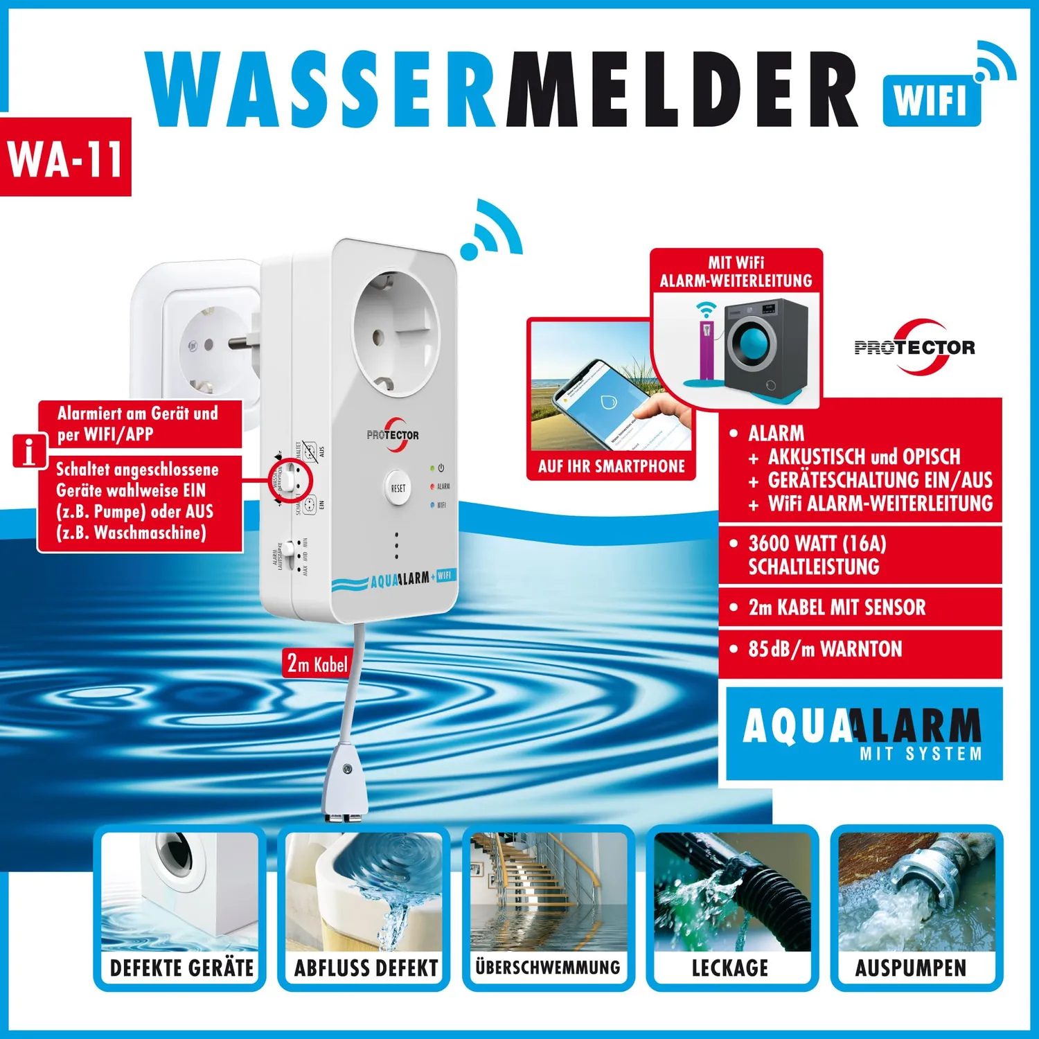 Protector WA-14 WLAN-Wassermelder Steckdose 2-m-Sensor