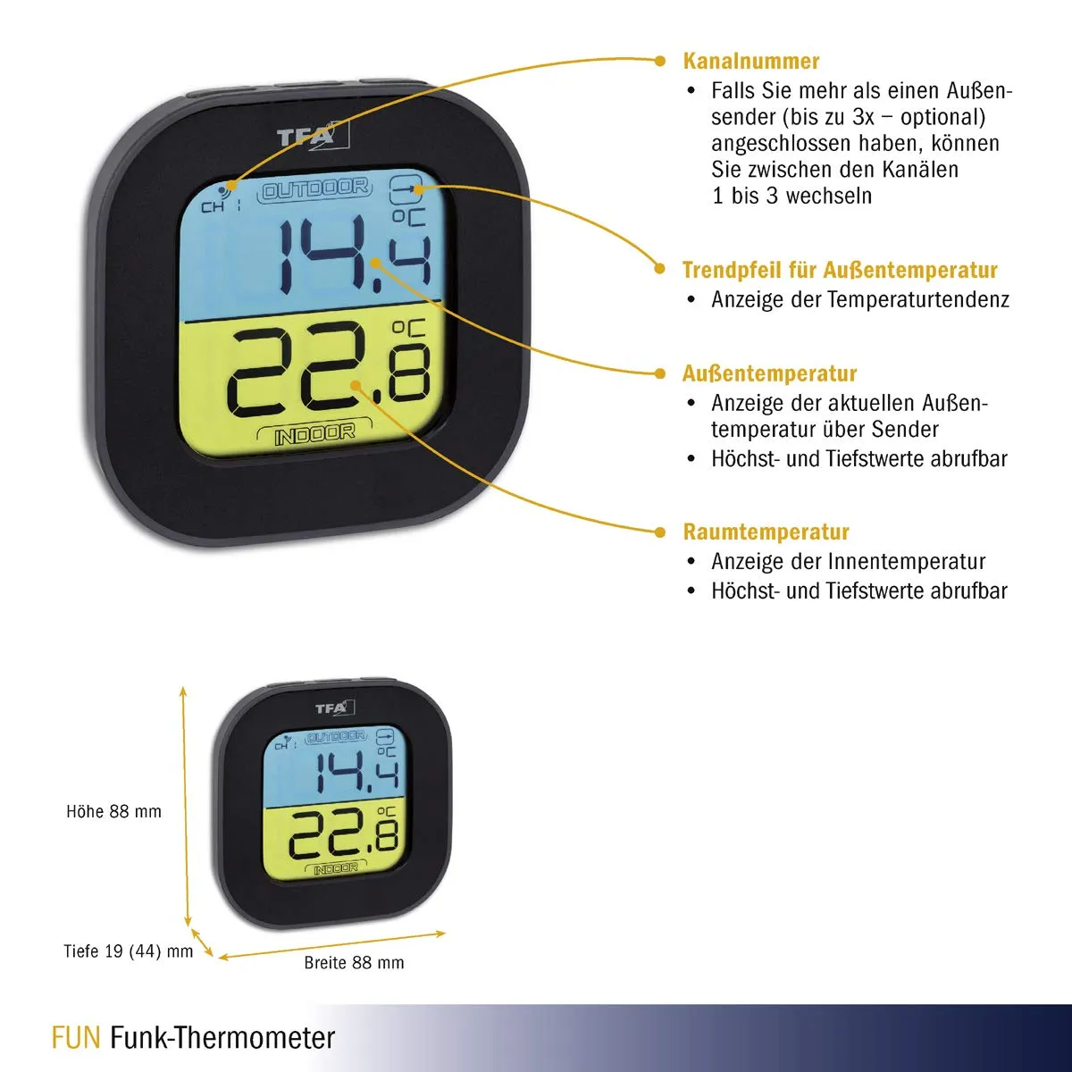 TFA Dostmann Fun 30.3068 Funk-Thermometer Schwarz Max-Min
