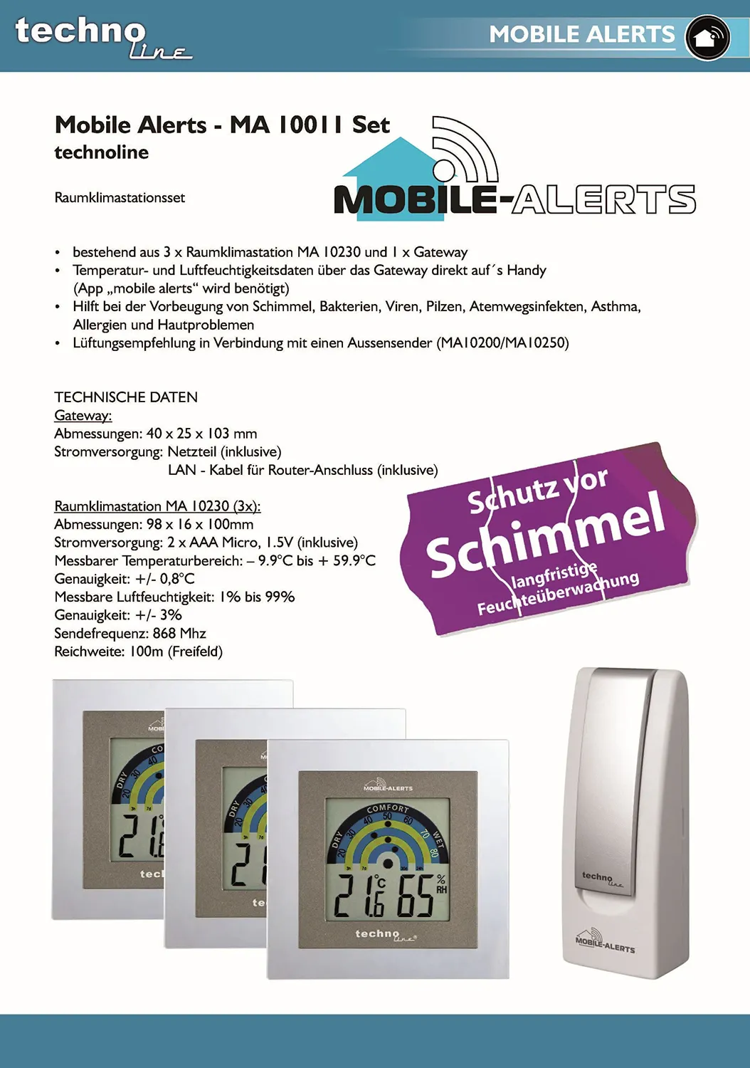 Technoline MA 10011 Raumklimaset 3 Sensoren Gateway Alexa