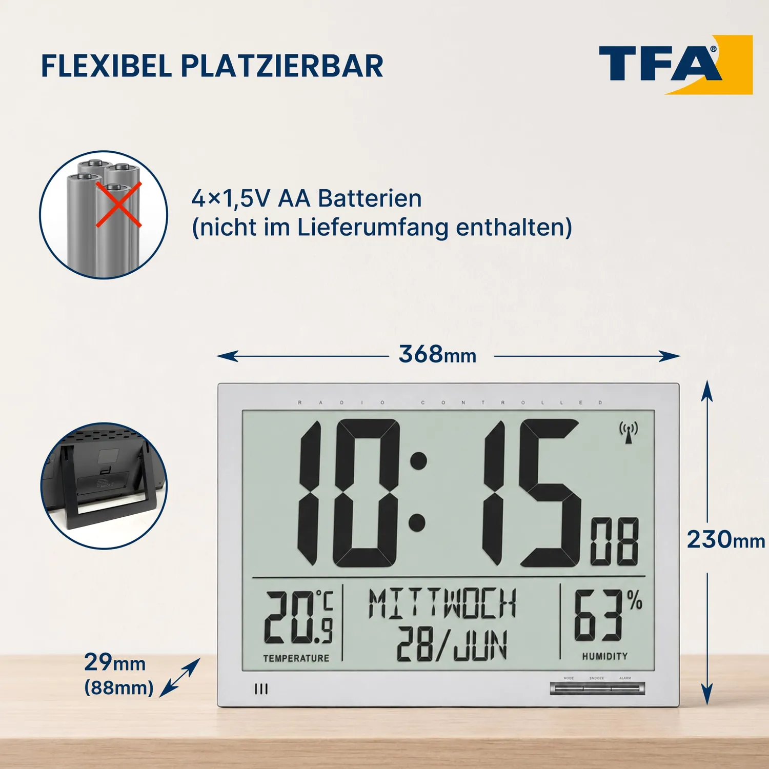 TFA Dostmann 60.4517.54 Funk-Wanduhr XL silber