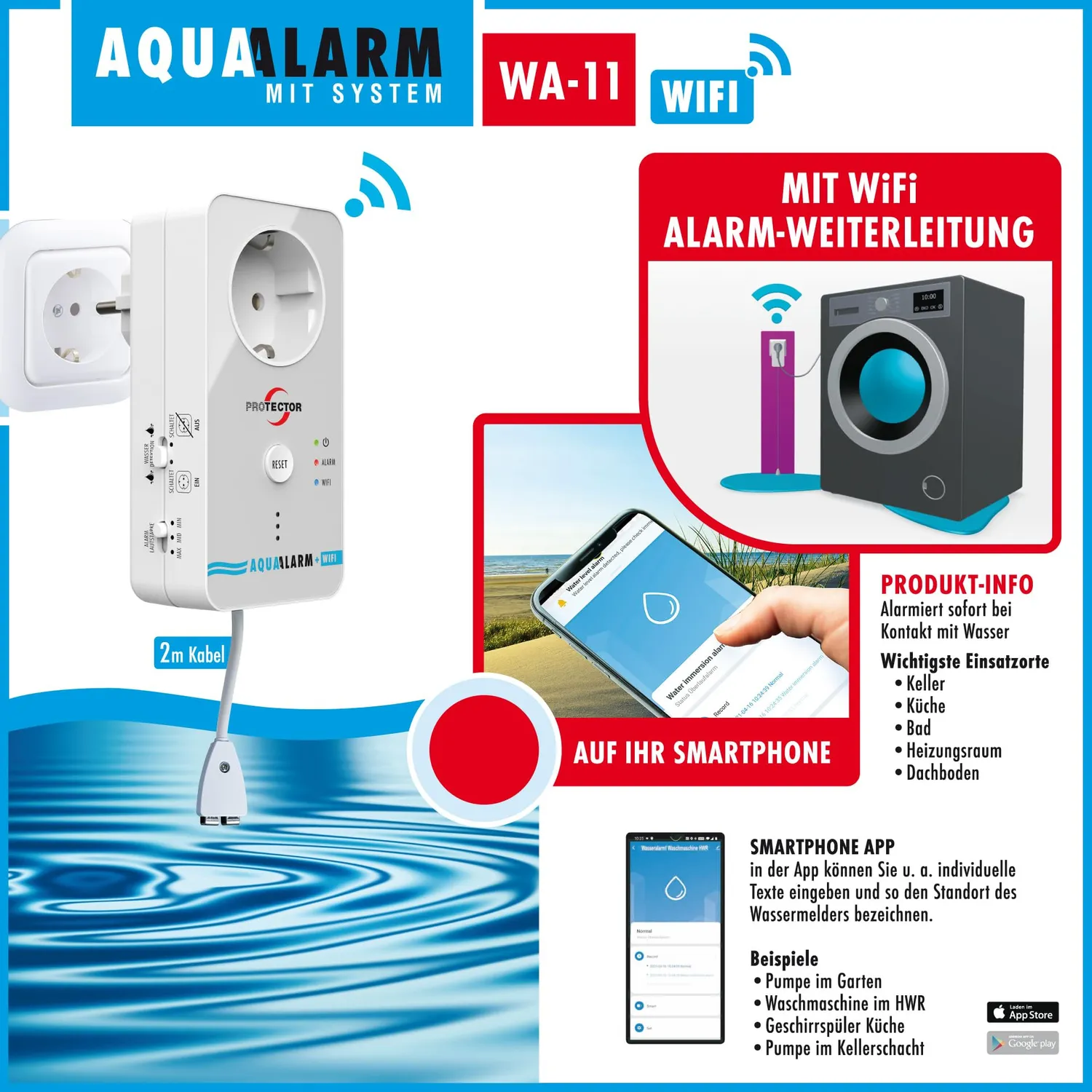 Protector WA-14 WLAN-Wassermelder Steckdose 2-m-Sensor