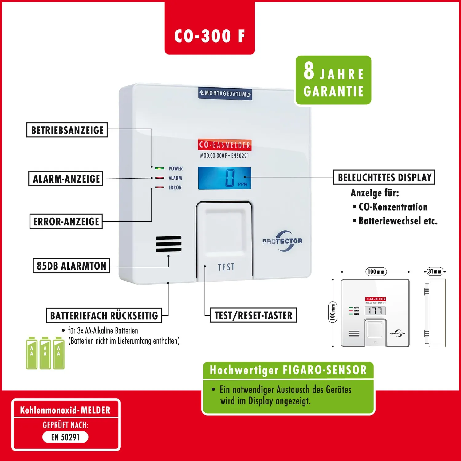 Protector CO-300F CO-Melder batteriebetrieben Display