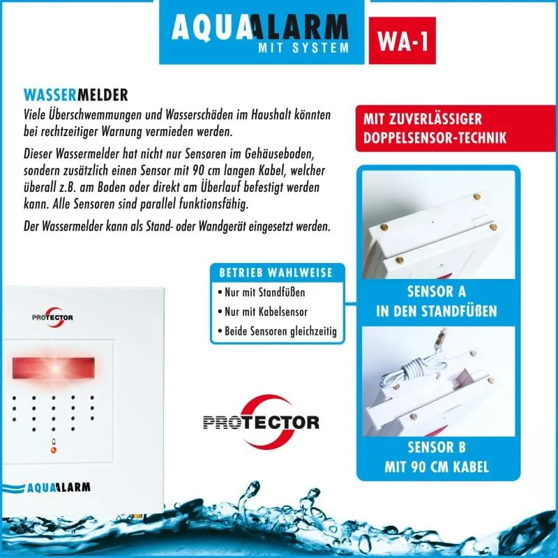 Protector WA-1.2 Wassermelder batteriebetrieben mit Kabelsensor