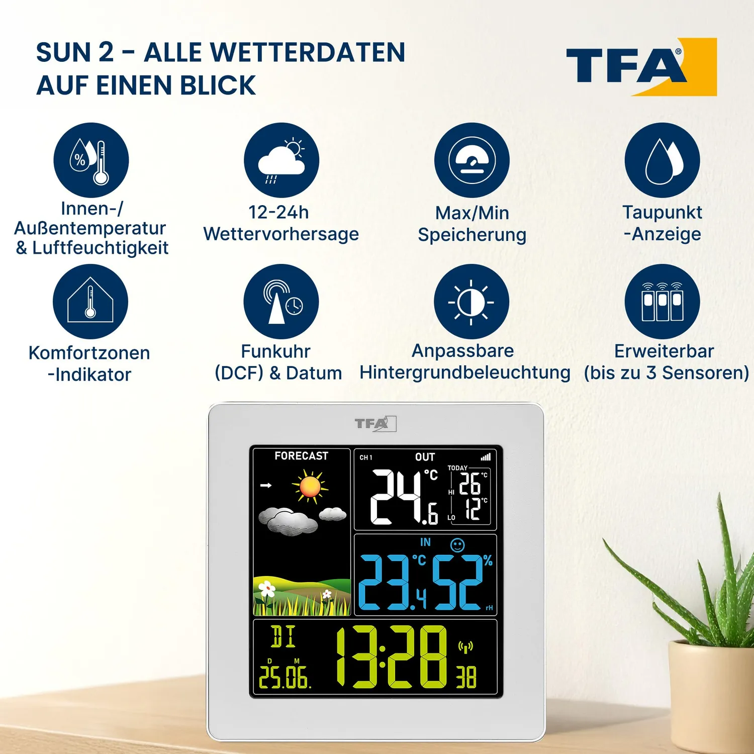 TFA Dostmann SUN2 35.1174 Funk-Wetterstation weiß Farbdisplay