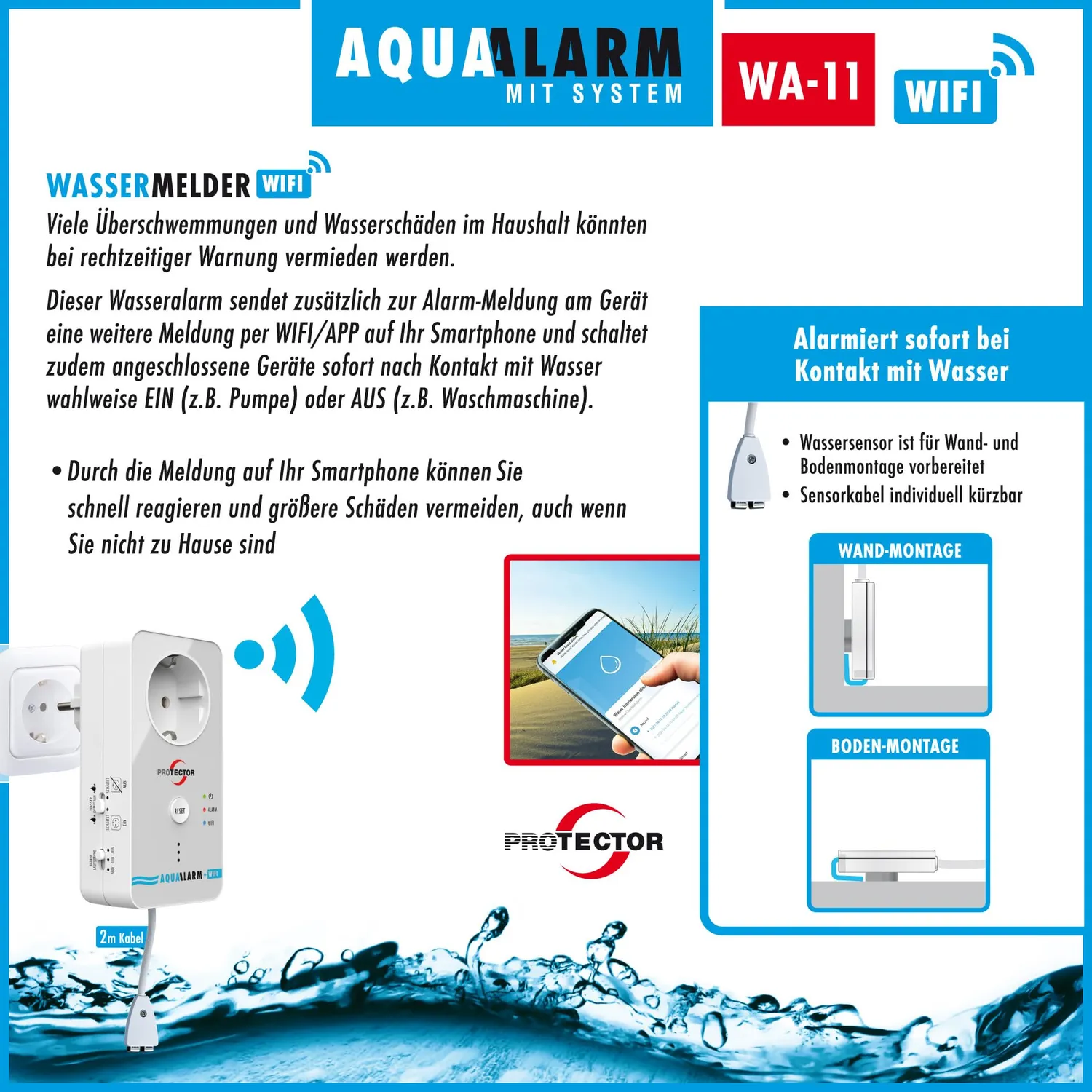 Protector WA-14 WLAN-Wassermelder Steckdose 2-m-Sensor