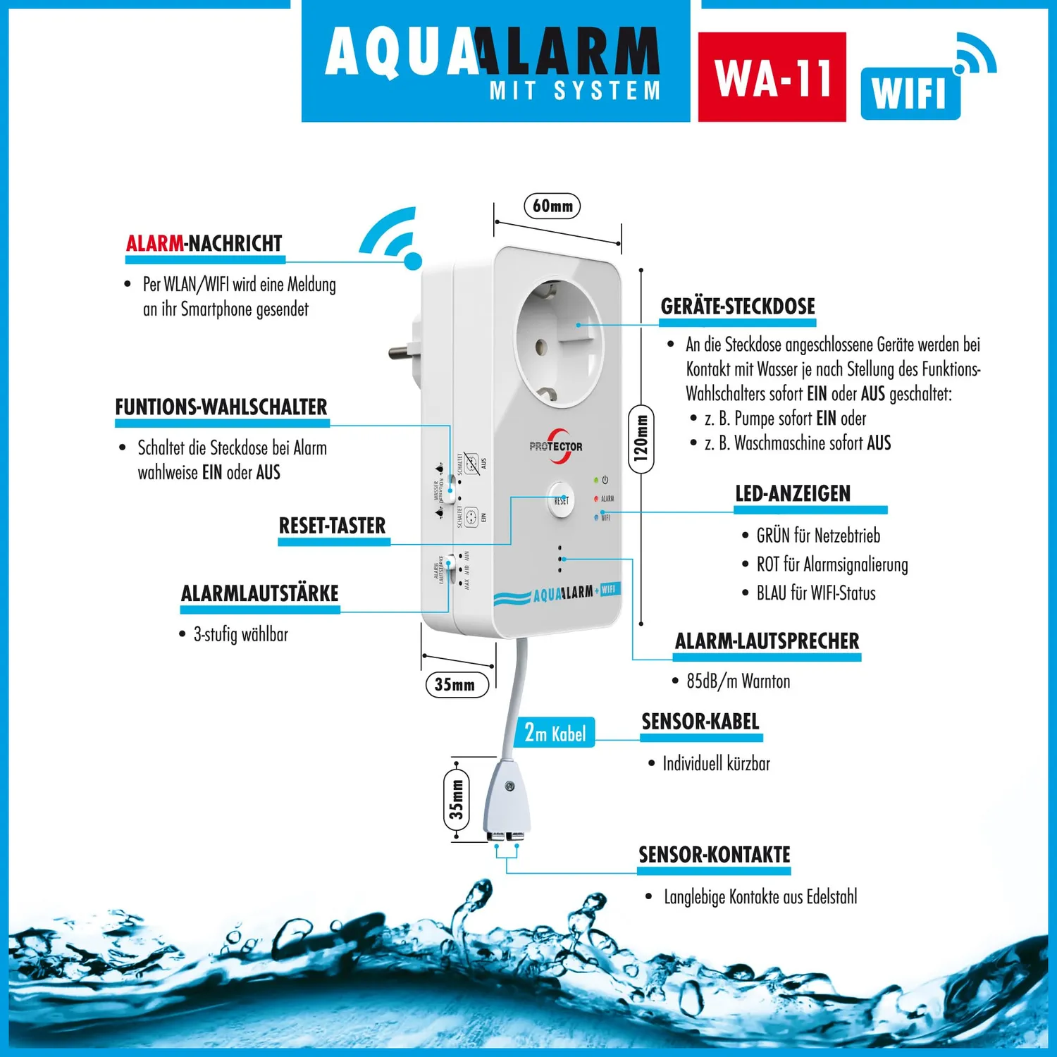 Protector WA-14 WLAN-Wassermelder Steckdose 2-m-Sensor