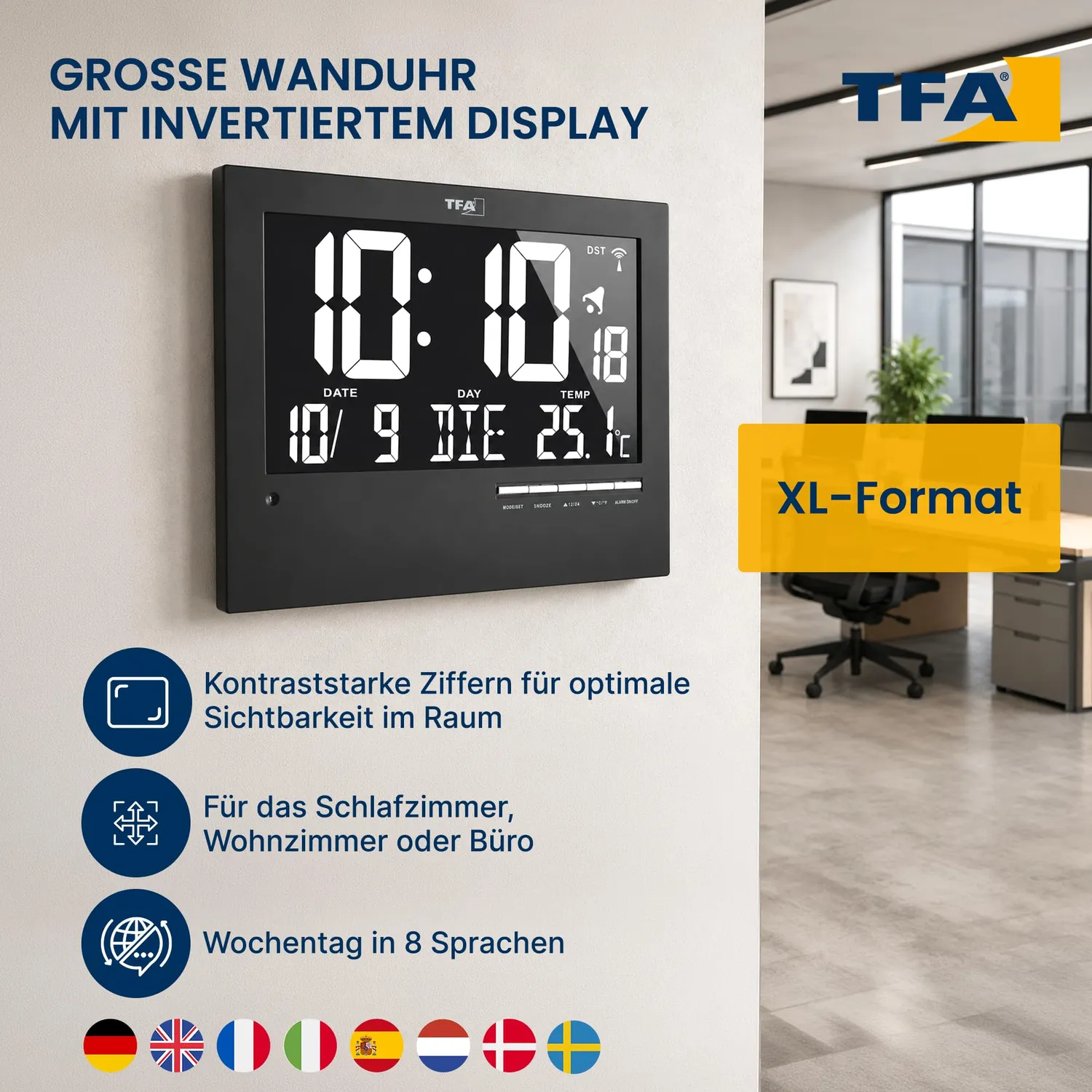TFA Dostmann 60.4508 Digitale Funkuhr Schwarz Beleuchtet Temp