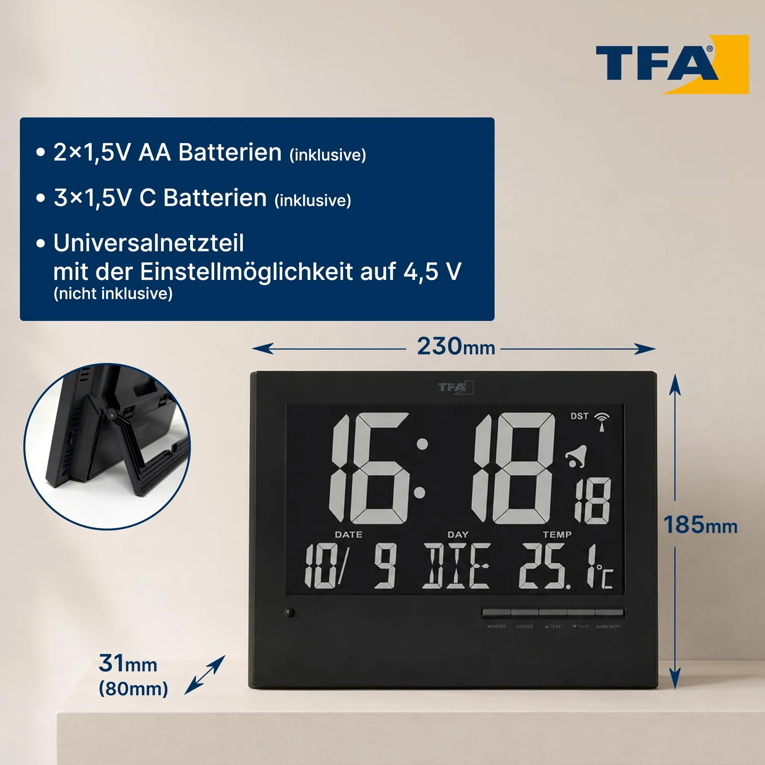 TFA Dostmann 60.4508 Digitale Funkuhr Schwarz Beleuchtet Temp
