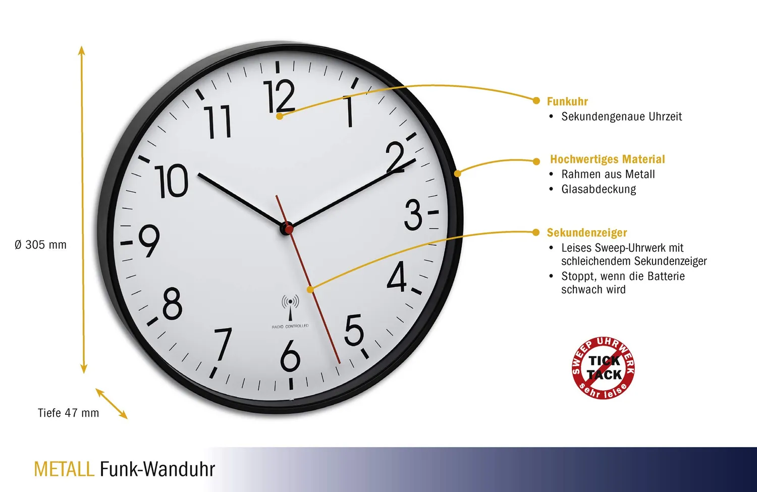 TFA Dostmann 60.3537.01 Funk-Wanduhr schwarz Metallrahmen