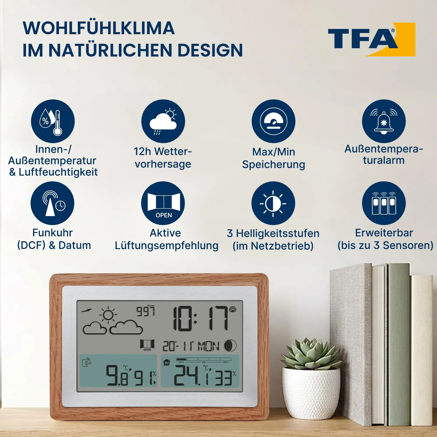 TFA Dostmann OAK 35.1167.54 Funk-Wetterstation Modern Holzrahmen