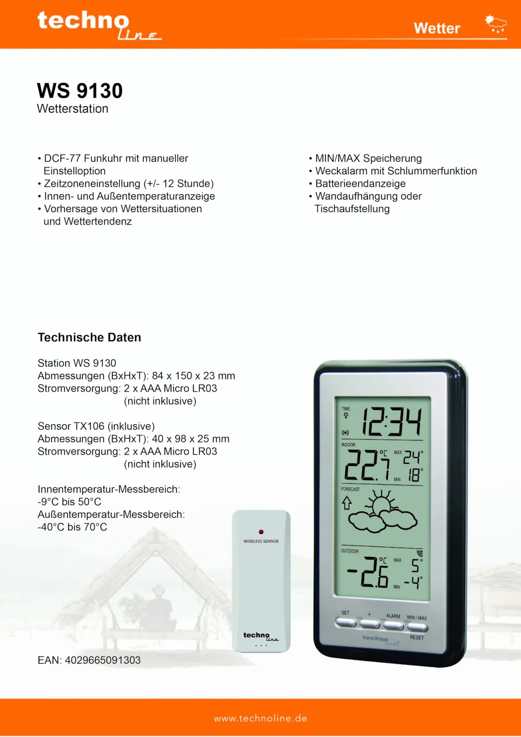 Technoline WS 9130 Funk-Wetterstation schwarz Vorhersage