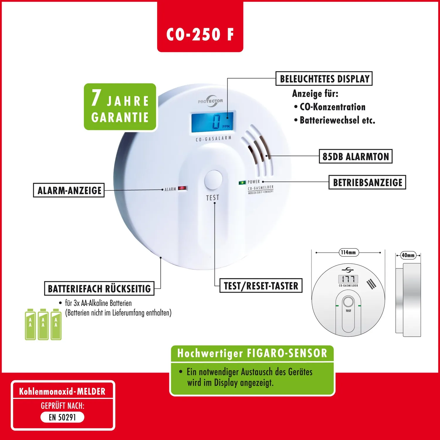 Protector CO-250 F CO-Melder mit Display batteriebetrieben
