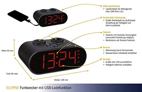 TFA Ellypse 60.2551.01 Funkwecker USB schwarz LED