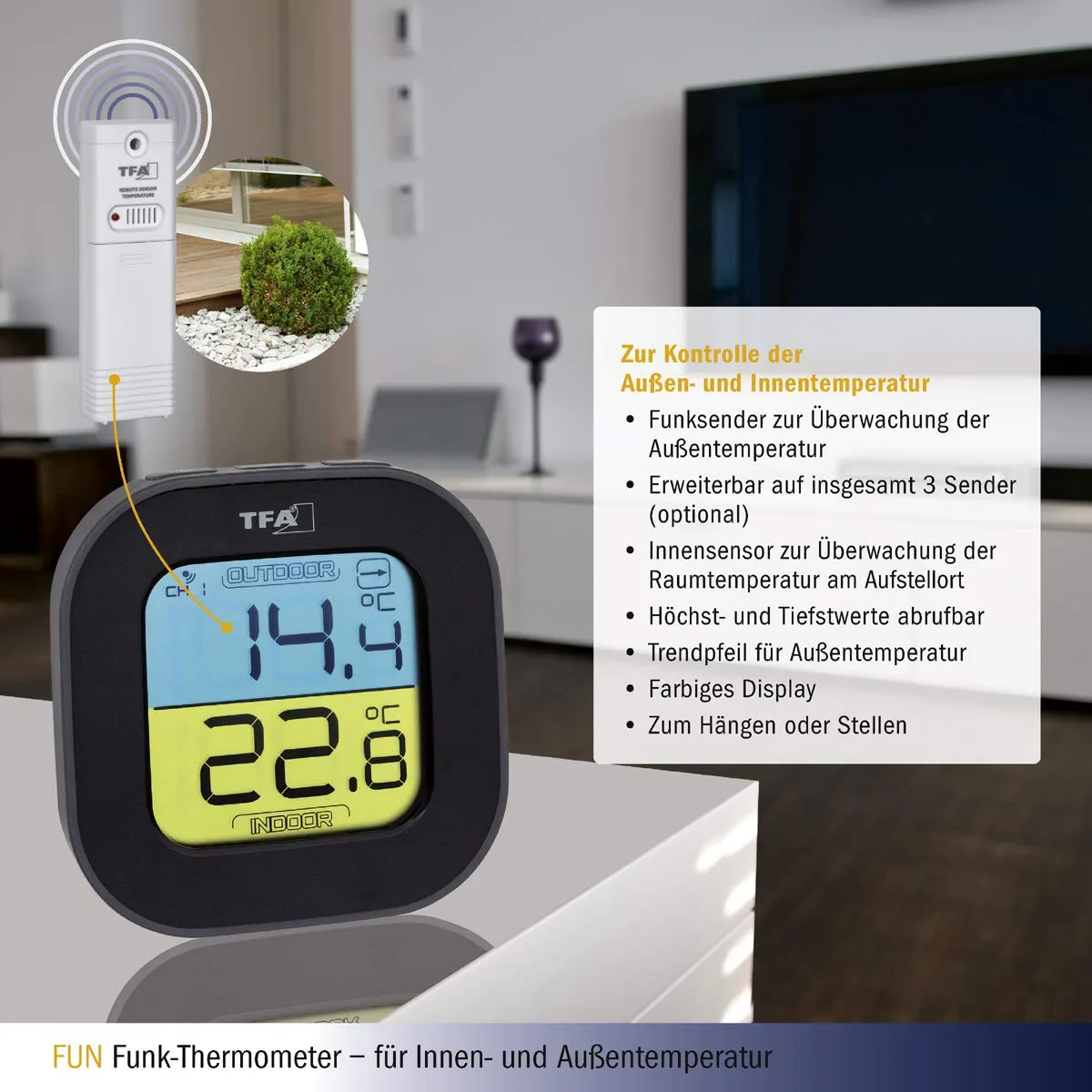 TFA Dostmann Fun 30.3068 Funk-Thermometer Schwarz Max-Min
