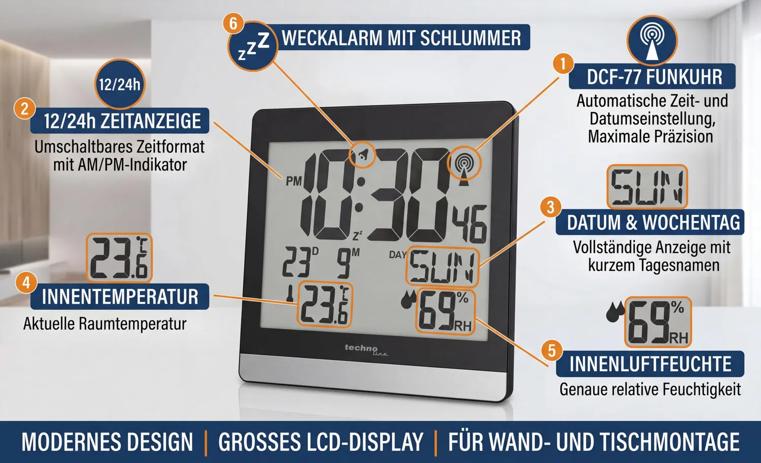 Technoline WS 8014 Funkwanduhr großes Display Klima