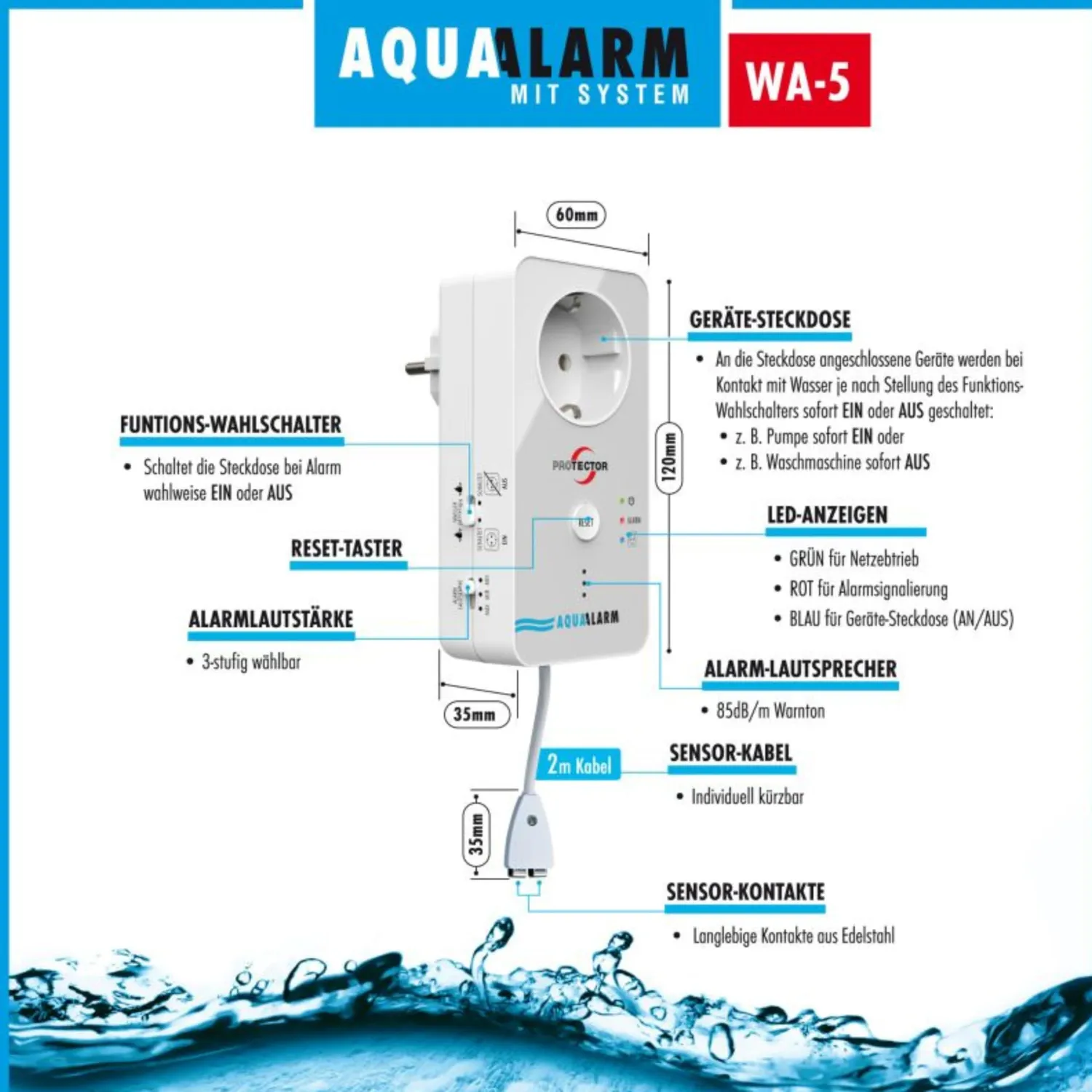 Protector WA-5.1 Wassermelder 2 m Kabel