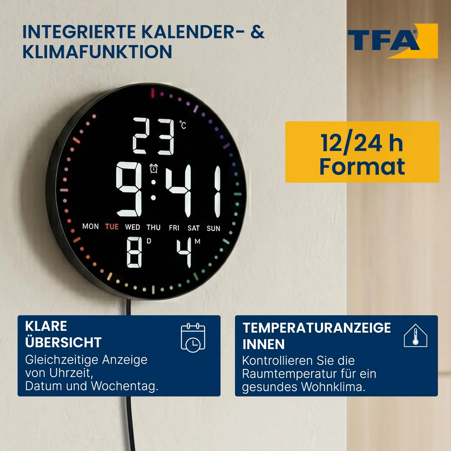 TFA Dostmann LED Wanduhr digital 25,5 cm Temperatur Datum
