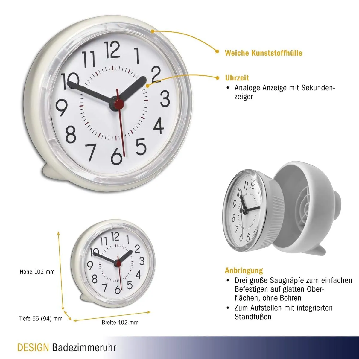 TFA Dostmann 60.3055.02 Badezimmeruhr cremeweiß Saugnapf