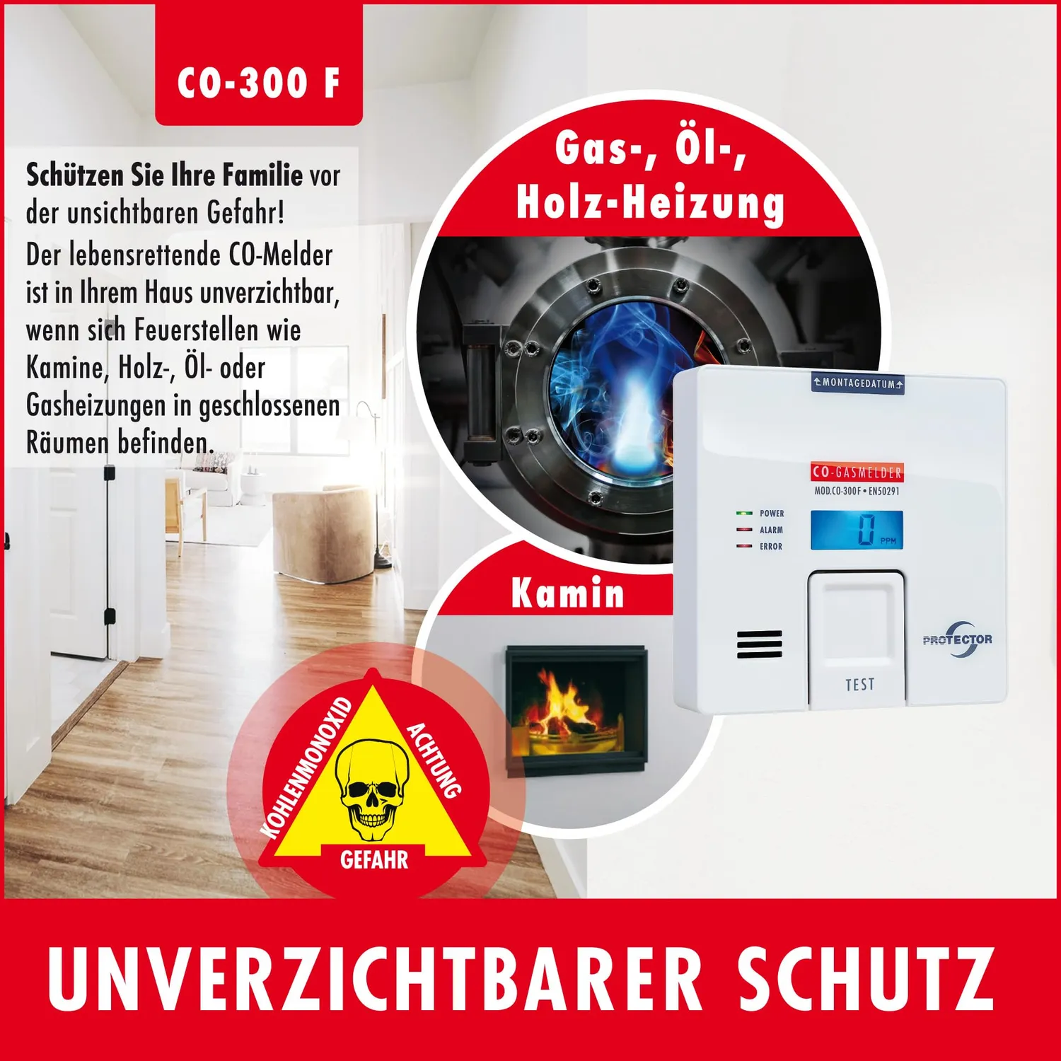 Protector CO-300F CO-Melder batteriebetrieben Display