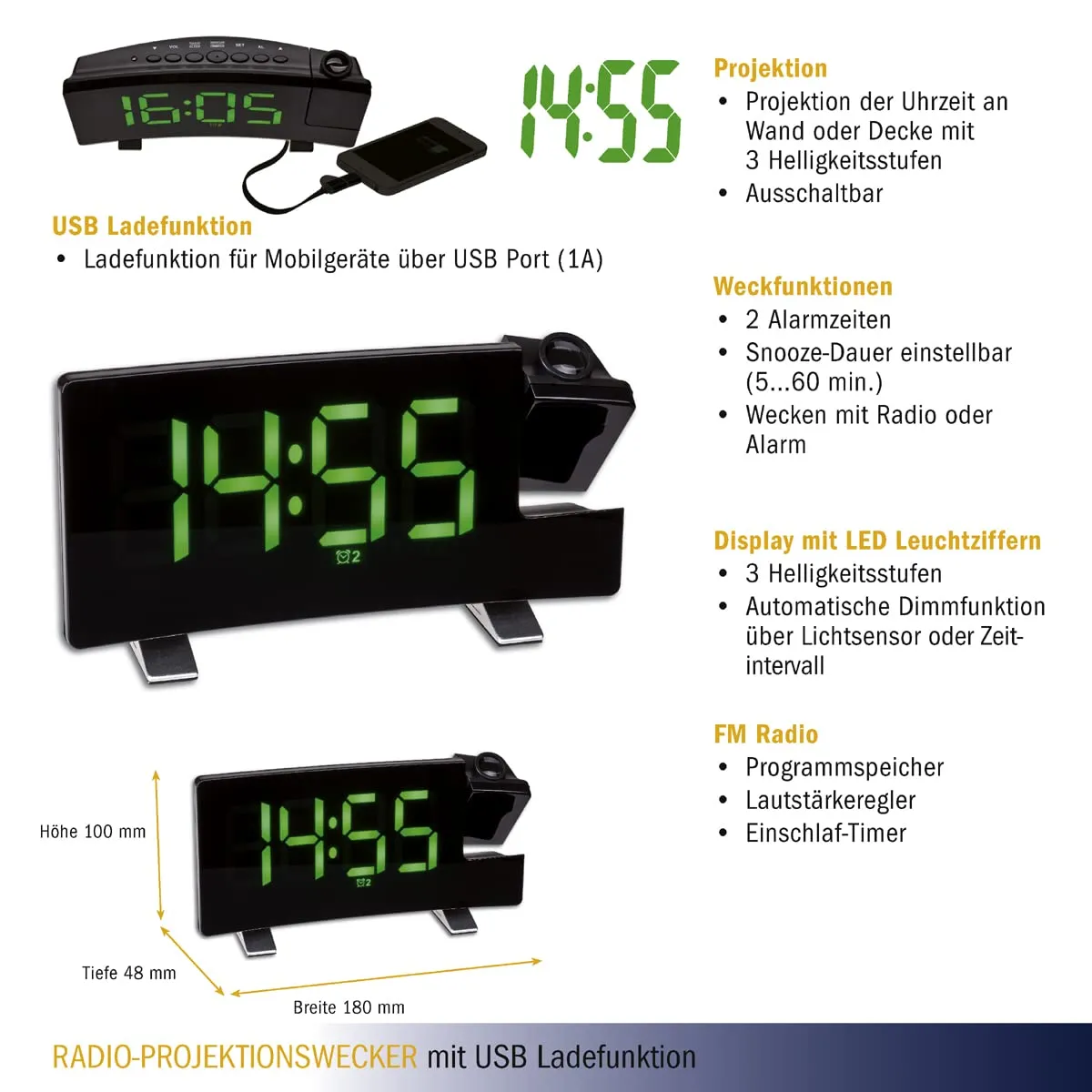 TFA Dostmann 60.5015.04 Projektionswecker schwarz FM-Radio