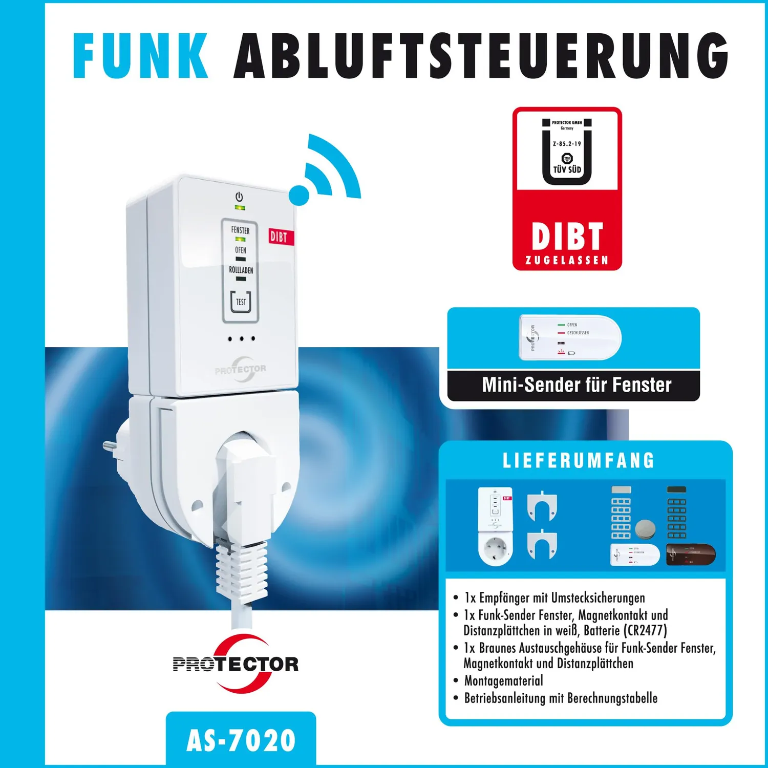 PROTECTOR AS-7020 Funk-Abluftsteuerung Fensterkontaktschalter DIBt