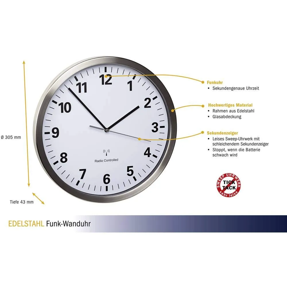 TFA Dostmann 60.3523 Funk-Wanduhr analog Edelstahl