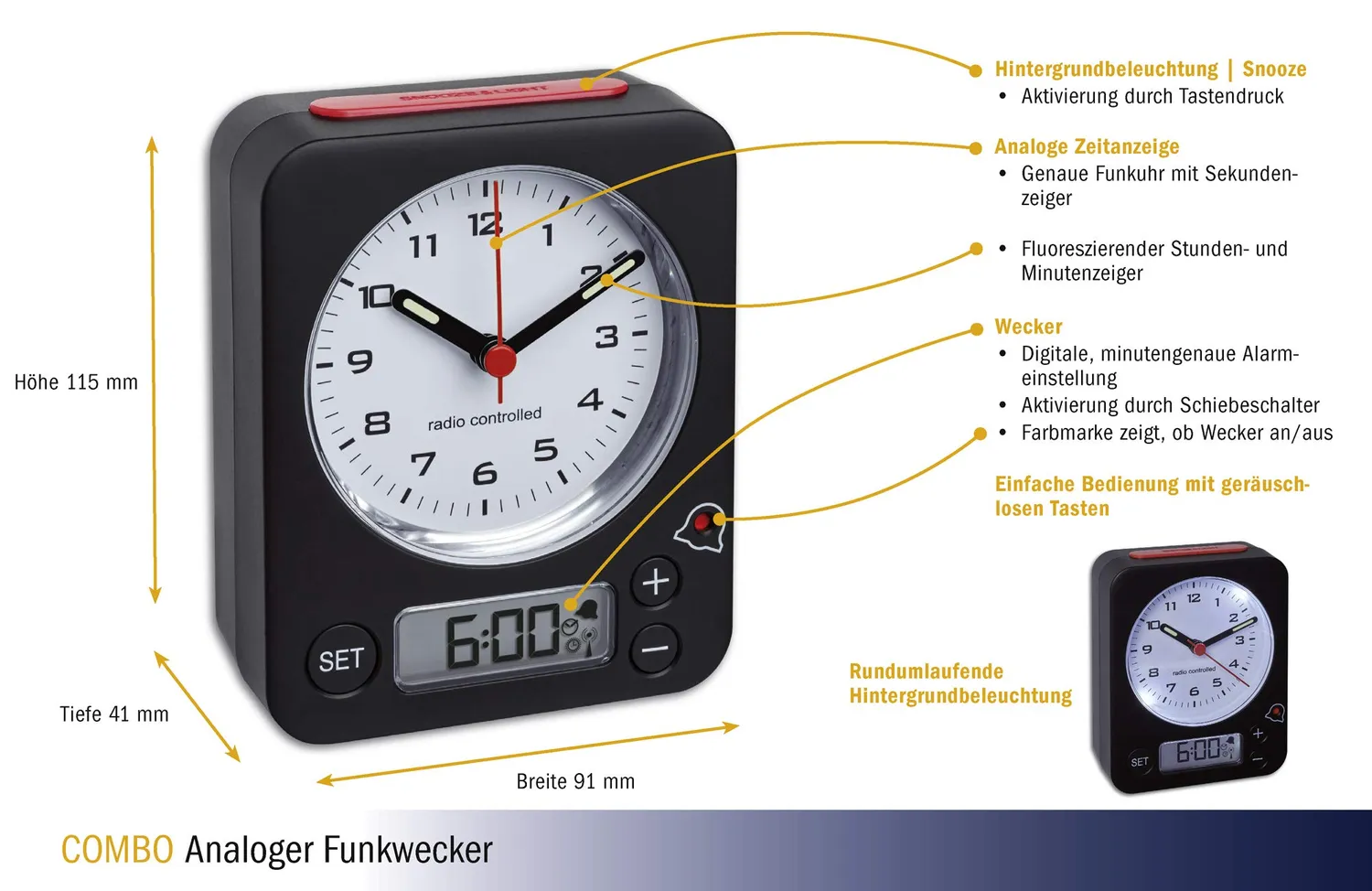 TFA Dostmann Combo 60.1511.01.05 Funkwecker Schwarz-Rot Display