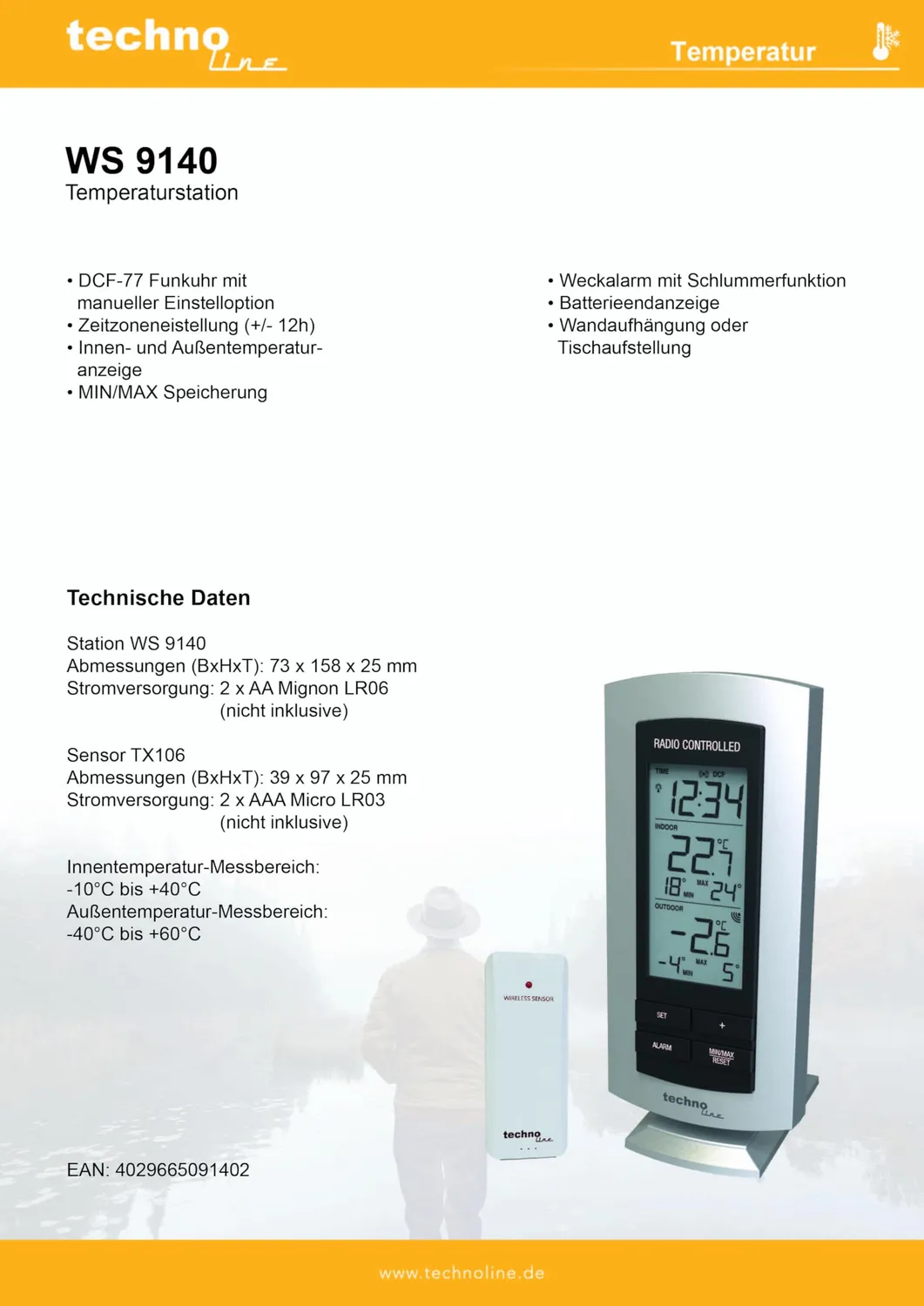Technoline WS 9140 Funk-Wetterstation Außensensor Min Max