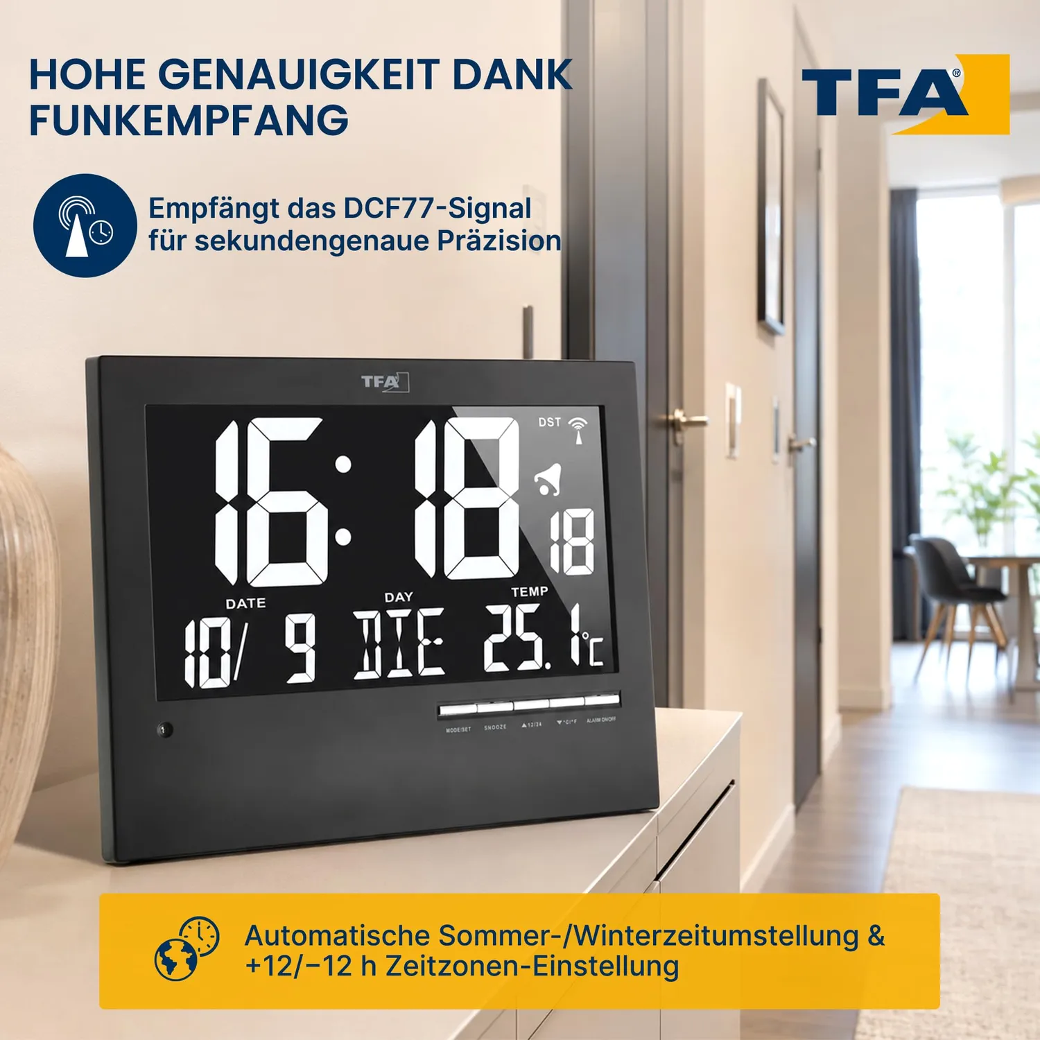 TFA Dostmann 60.4508 Digitale Funkuhr Schwarz Beleuchtet Temp