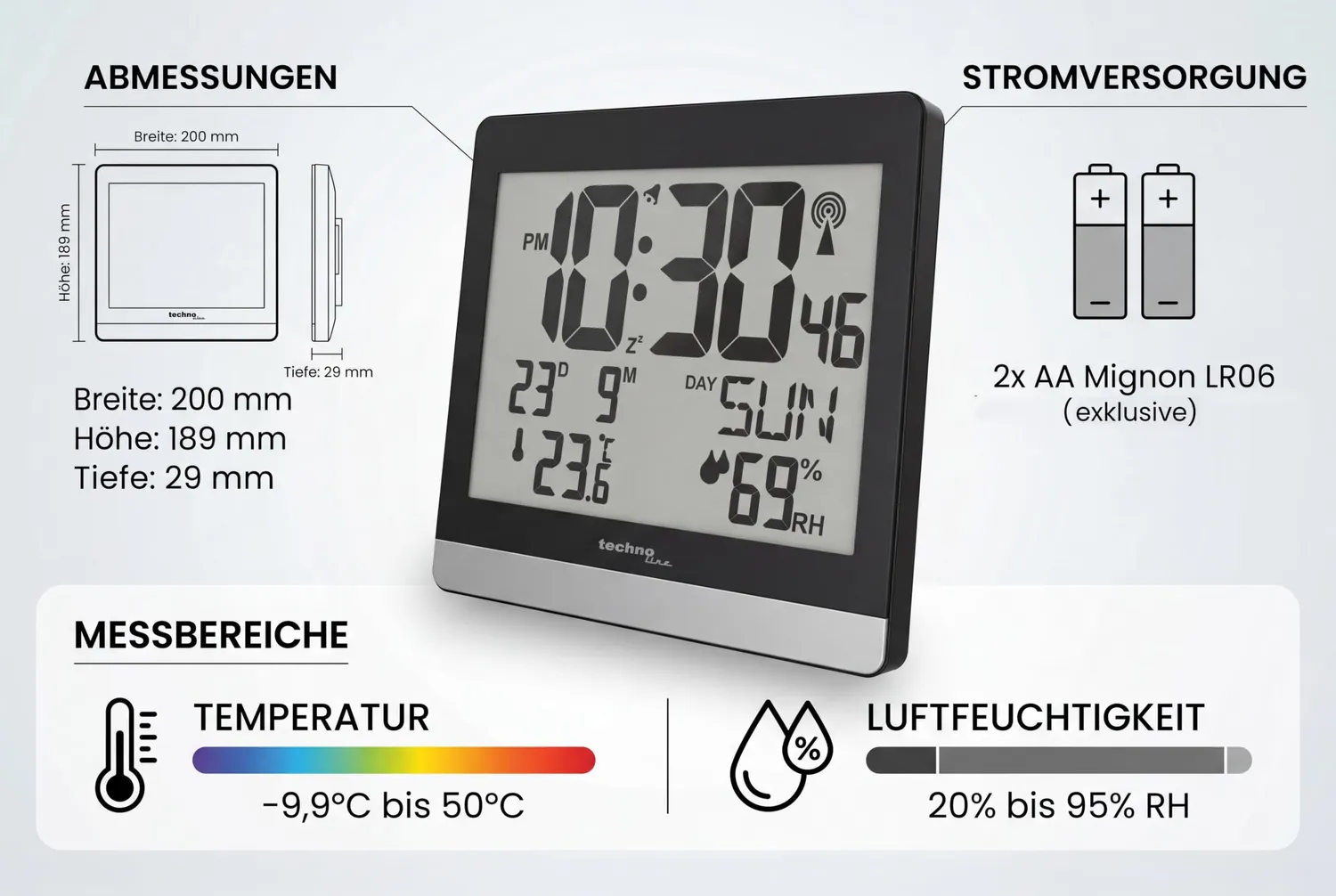 Technoline WS 8014 Funkwanduhr großes Display Klima