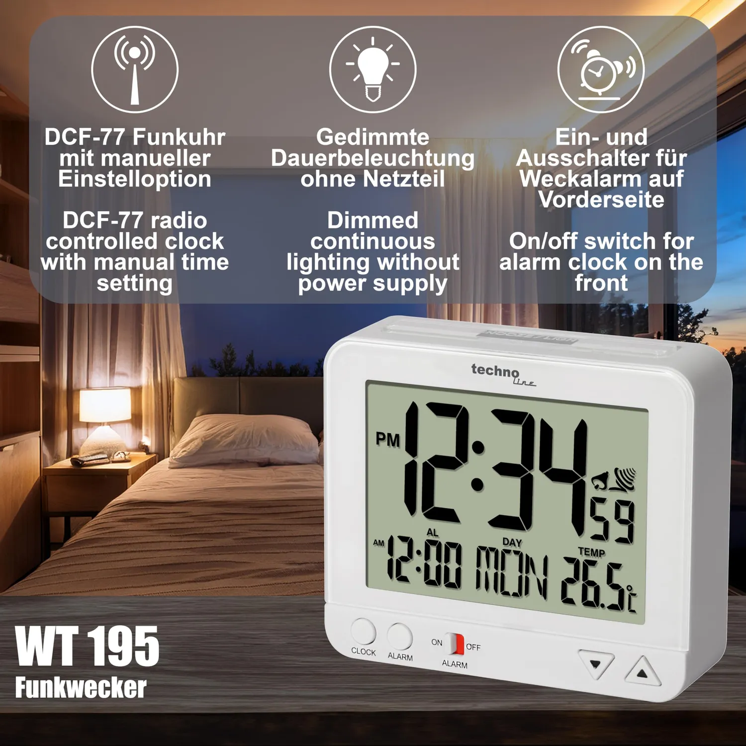 Technoline WT 195 Funkwecker Weiß mit Temperaturanzeige