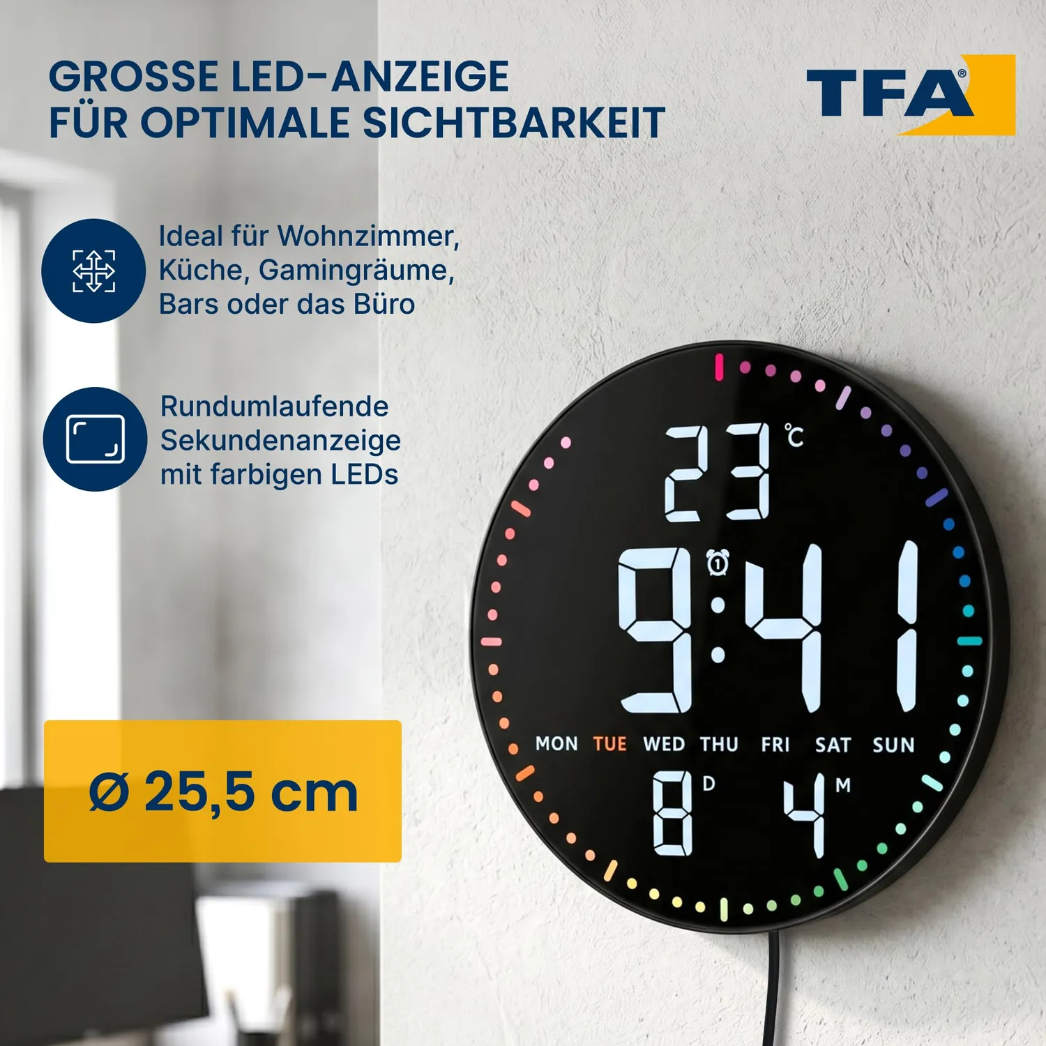 TFA Dostmann LED Wanduhr digital 25,5 cm Temperatur Datum
