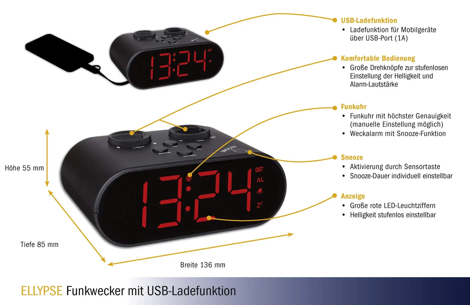 TFA Ellypse 60.2551.01 Funkwecker USB schwarz LED