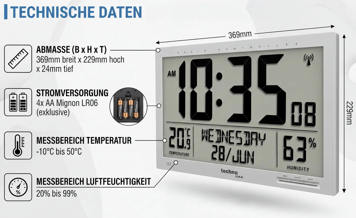 Technoline WS 8013 Funkwanduhr XL digital schwarz