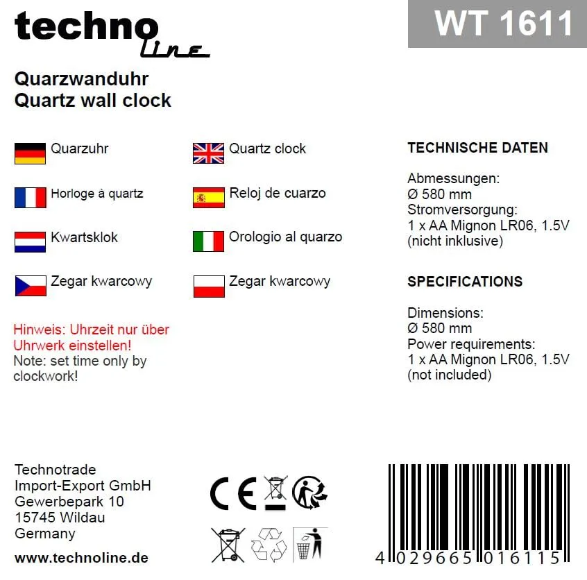 Technoline WT1611 Quarzwanduhr Retro XXL 50 cm