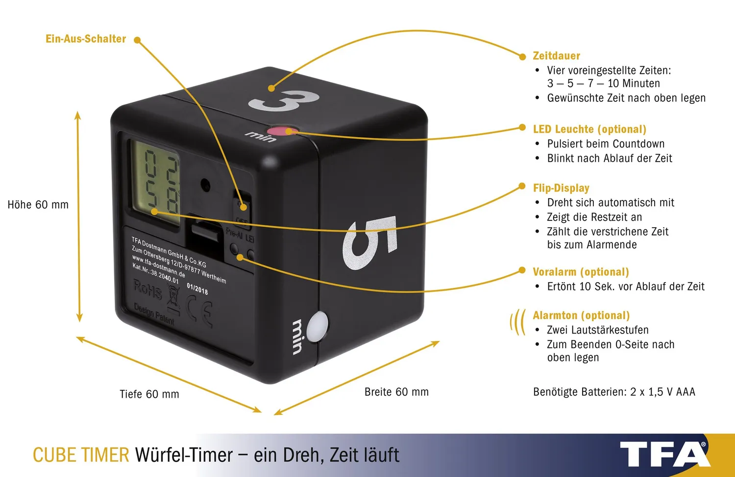 TFA Dostmann Cube Timer Zeitwürfel schwarz digital